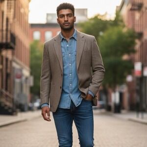 Vtg Chaps Mens 44L Brown Herringbone 100% Wool Blazer Sport Coat Elbow Patches‎